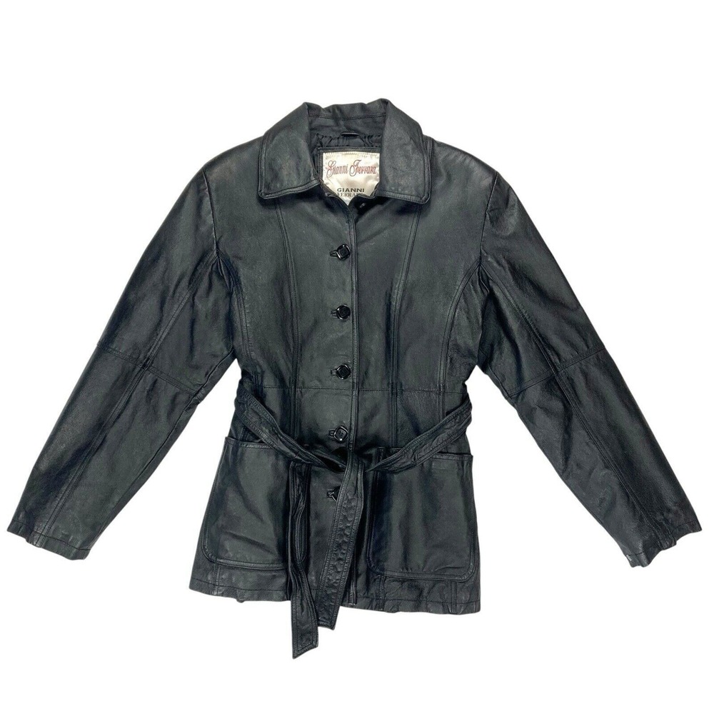 Vtg Gianni Ferrara Women 90s Belted Leather Jacket Black L Quilted lined Grunge